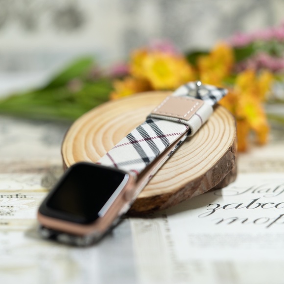 Plaid Checker Apple Watch Band, Leather Band Strap White 38/40/41/42/44/45 mm SE - Picture 5 of 9